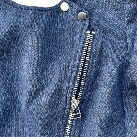 Veronica Beard Sienna Collarless Denim Moto Jacket 0 Linen Blend Jean Zip Up USA - Picture 9 of 15